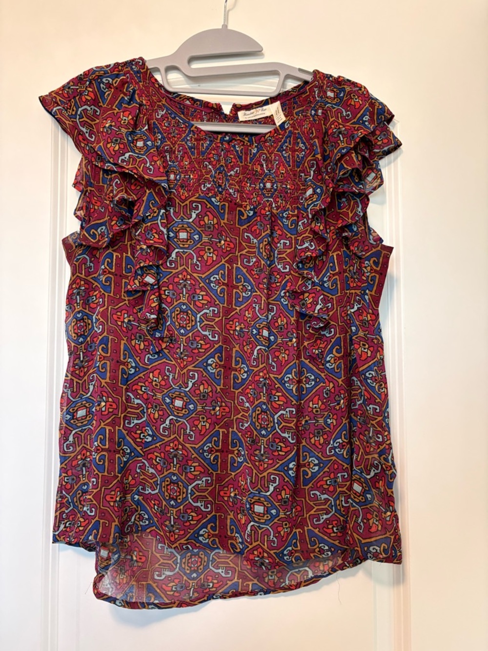 Anthropologie Women's Red Patterned Ruffle Sleeve Top Sz 6 NWOT